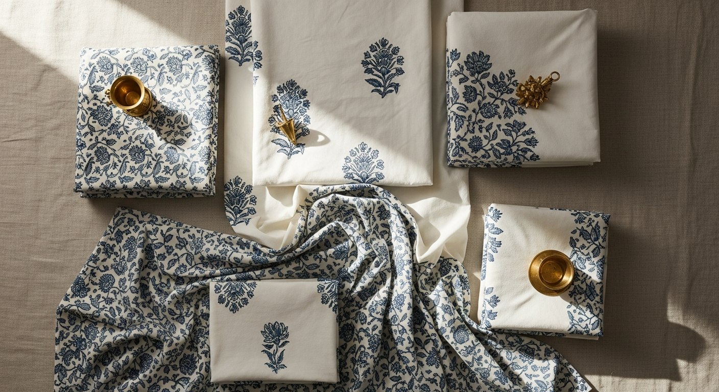 Fine Indian cotton bed linens and sheets with hand block printed floral patterns in indigo and cream