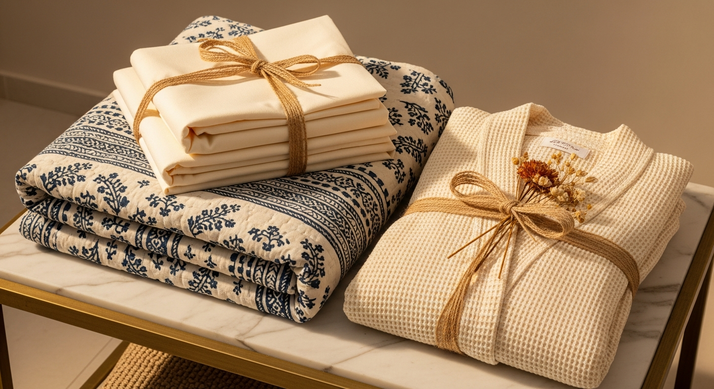 Curated luxury gift arrangement of artisanal Indian textiles with natural jute ribbon