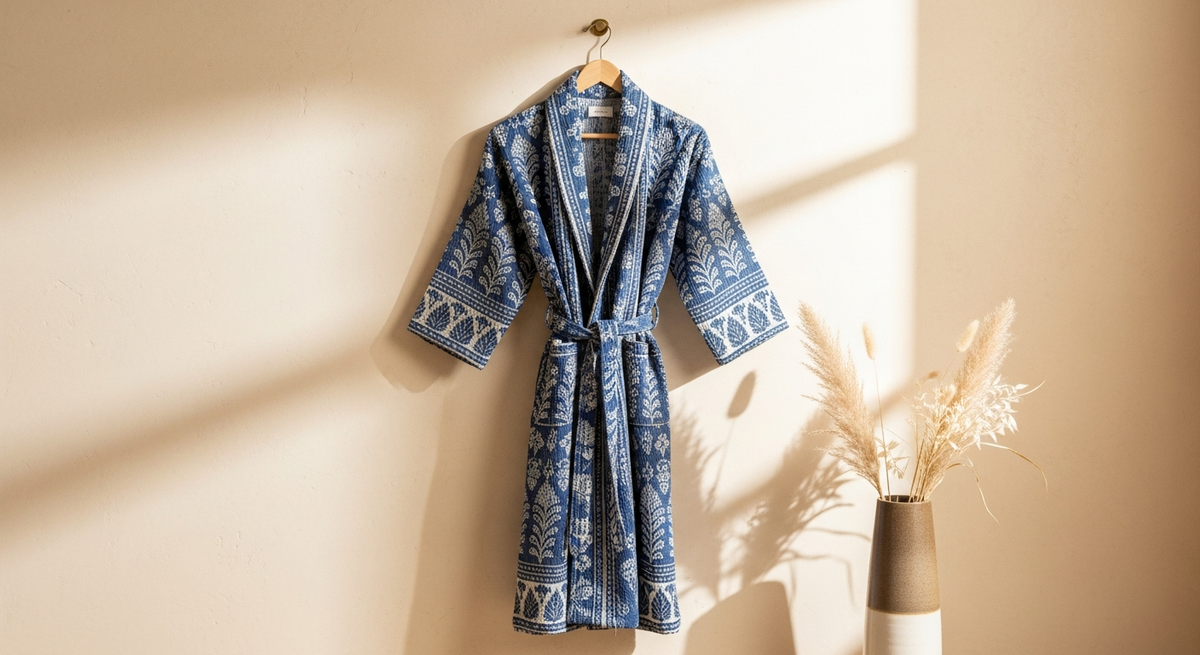 Luxury hand block printed cotton waffle bathrobe in indigo blue and white botanical patterns