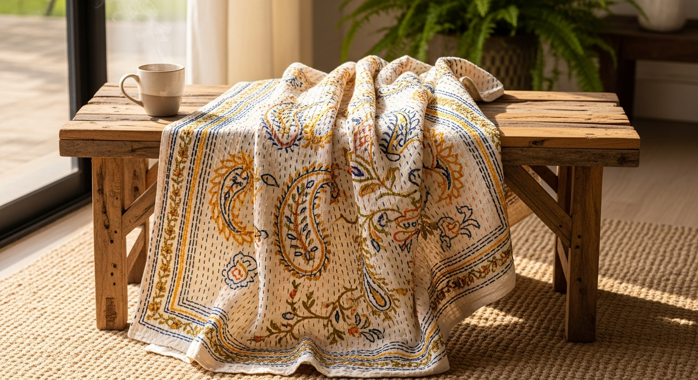 Artisanal kantha throw with hand-stitched paisley and floral motifs in saffron and indigo on cream cotton