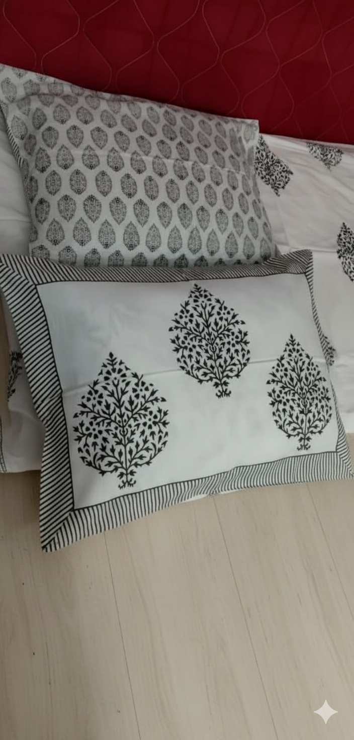 Botanical Medallion Hand-Block Printed Bedsheet Set - White & Gray Cotton