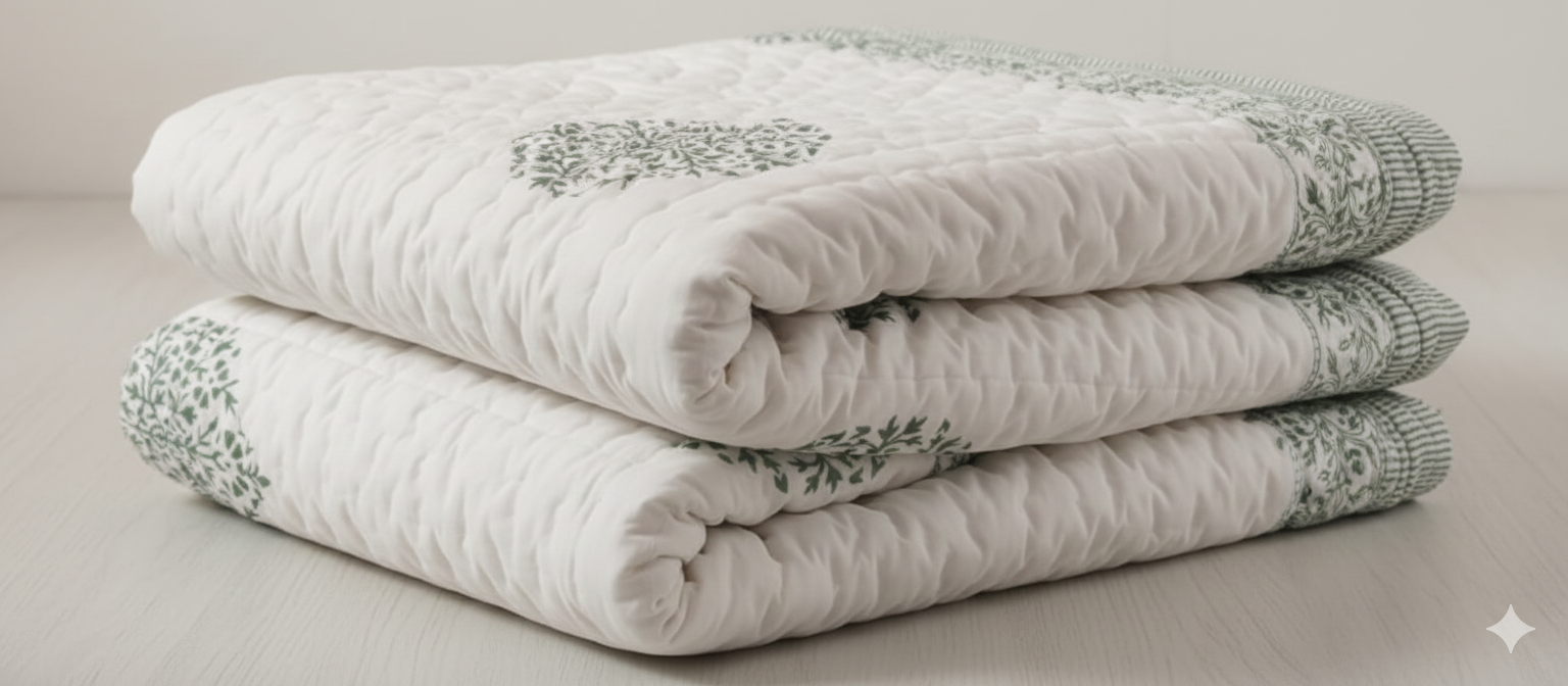 Authentic Jaipuri Cotton Razai – Green Floral Buta Print