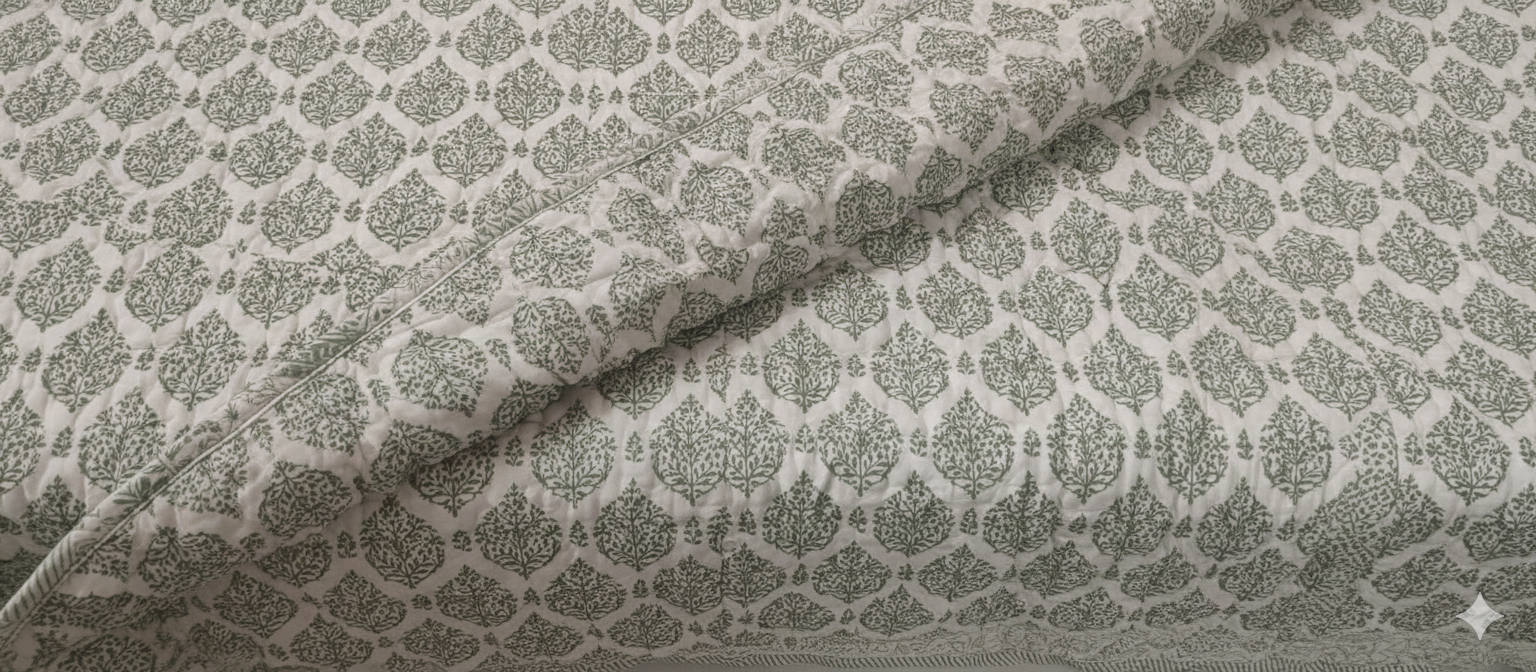 Authentic Jaipuri Cotton Razai – Green Floral Buta Print