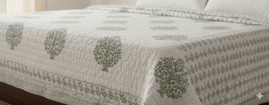 Authentic Jaipuri Cotton Razai – Green Floral Buta Print