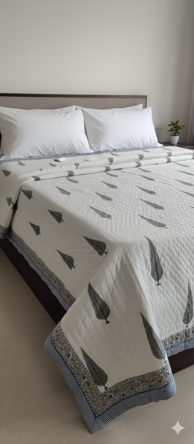Premium Cotton Floral Rajai | Handcrafted Indian Quilt with Leaf Print | Soft, Lightweight & Cozy | Elegant Border Design