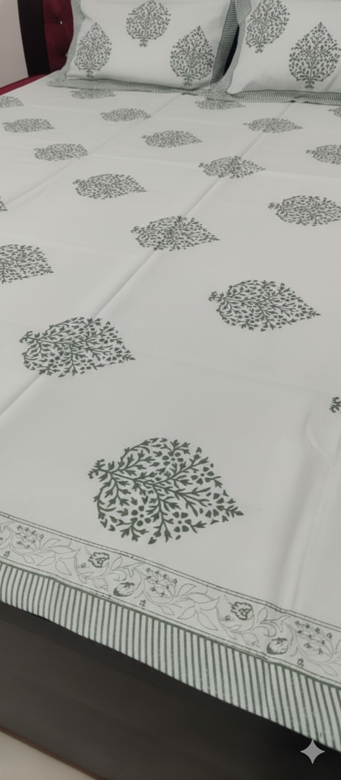 Botanical Medallion Hand-Block Printed Bedsheet Set - White & Gray Cotton