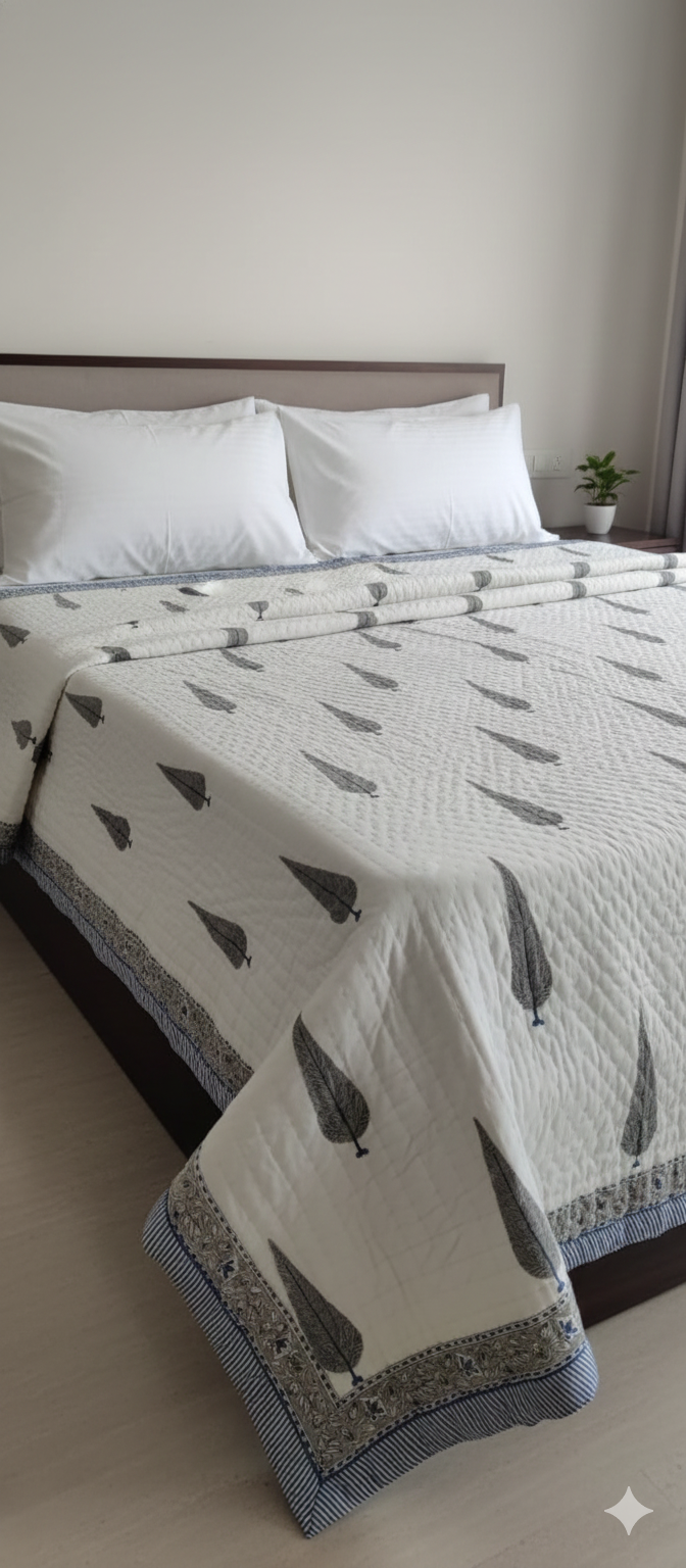 Premium Cotton Floral Rajai | Handcrafted Indian Quilt with Leaf Print | Soft, Lightweight & Cozy | Elegant Border Design
