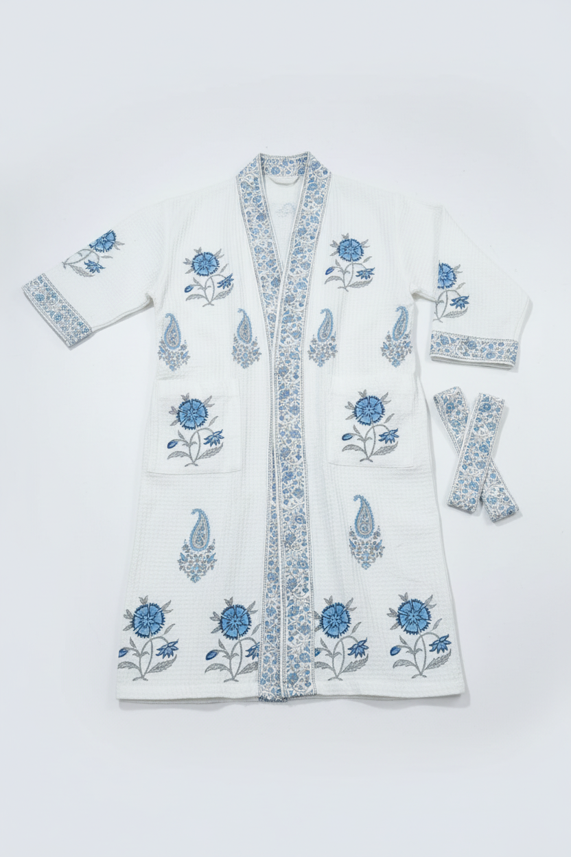 The Indigo Waffle Robe | Hand-Block Trimmed