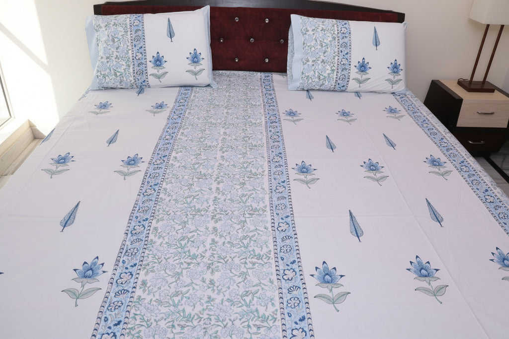 Azure blue lattice print cotton bedsheet detail showing crisp percale weave
