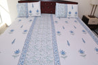 Azure blue lattice print cotton bedsheet detail showing crisp percale weave