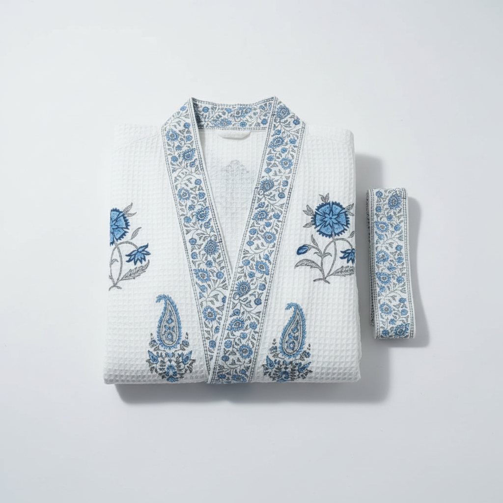 Professional studio photograph of folded indigo bathrobe for wholesale