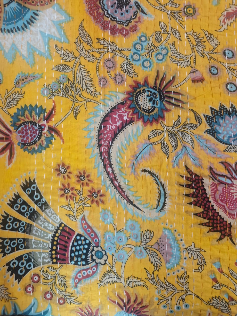 Golden Sunshine Kantha bedcover - Hand-Stitched Paisley & Peacock Design