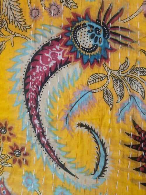 Golden Sunshine Kantha bedcover - Hand-Stitched Paisley & Peacock Design
