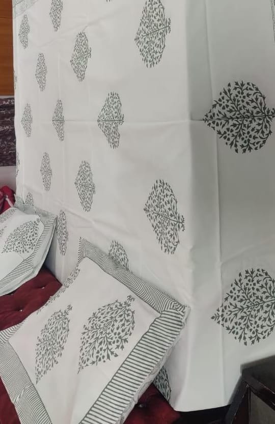 Botanical Medallion Hand-Block Printed Bedsheet Set - White & Gray Cotton