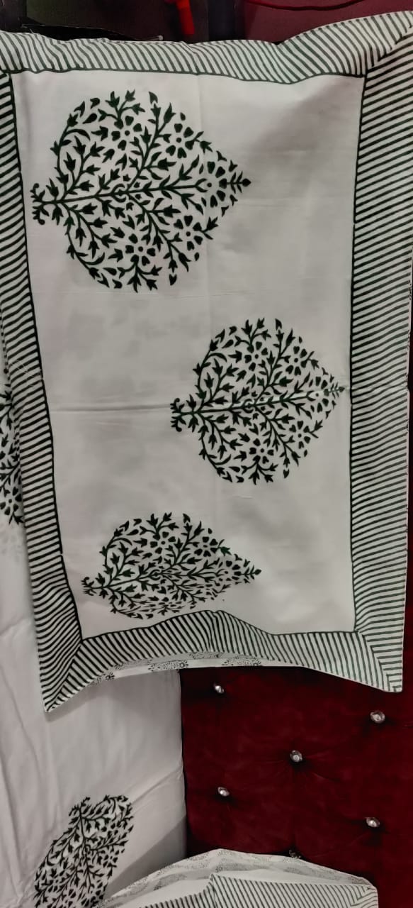 Botanical Medallion Hand-Block Printed Bedsheet Set - White & Gray Cotton