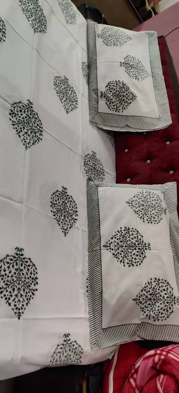 Botanical Medallion Hand-Block Printed Bedsheet Set - White & Gray Cotton