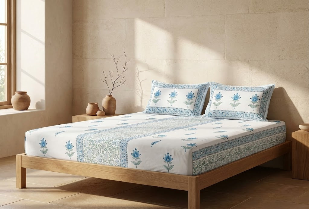 Bed with floral bedding in a bright room with natural light