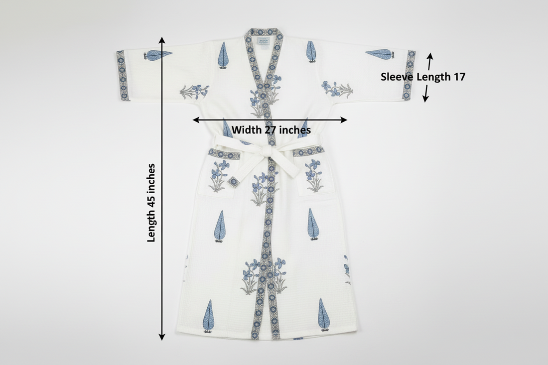 Iris Garden cotton waffle bathrobe flat lay with sizing dimensions
