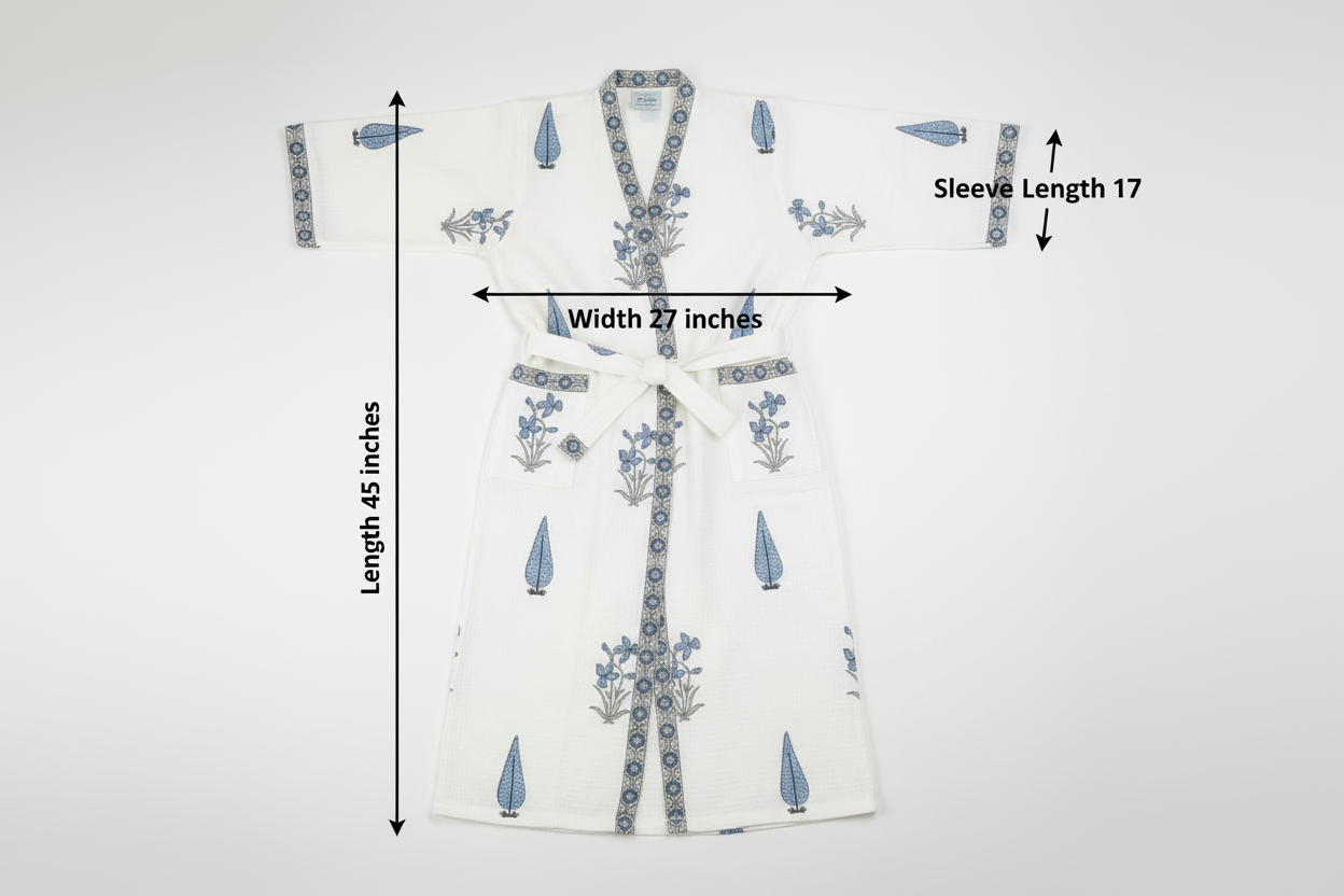 Iris Garden cotton waffle bathrobe flat lay with sizing dimensions