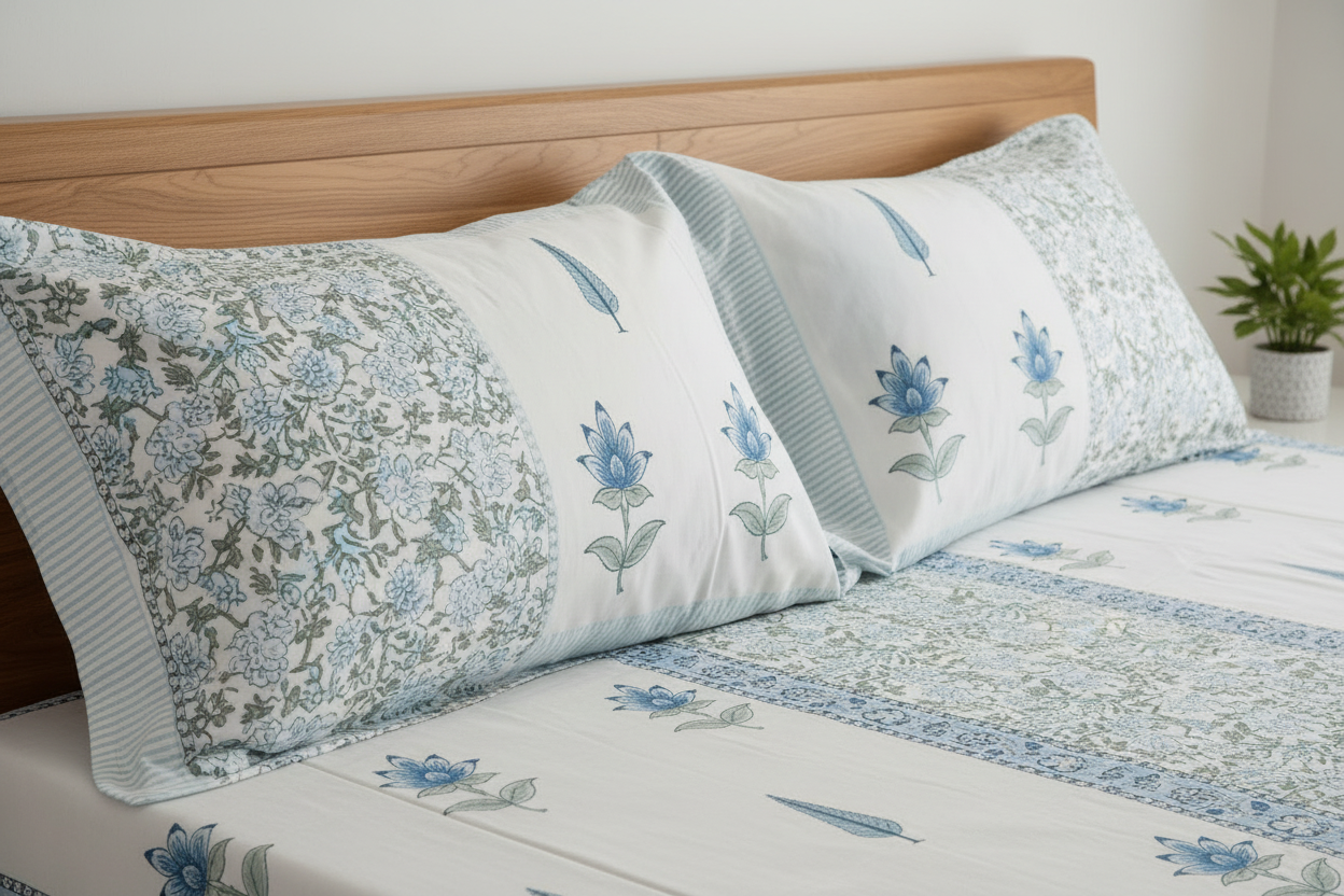 Close-up detail of azure blue hand block printed cotton pillowcase with lattice pattern