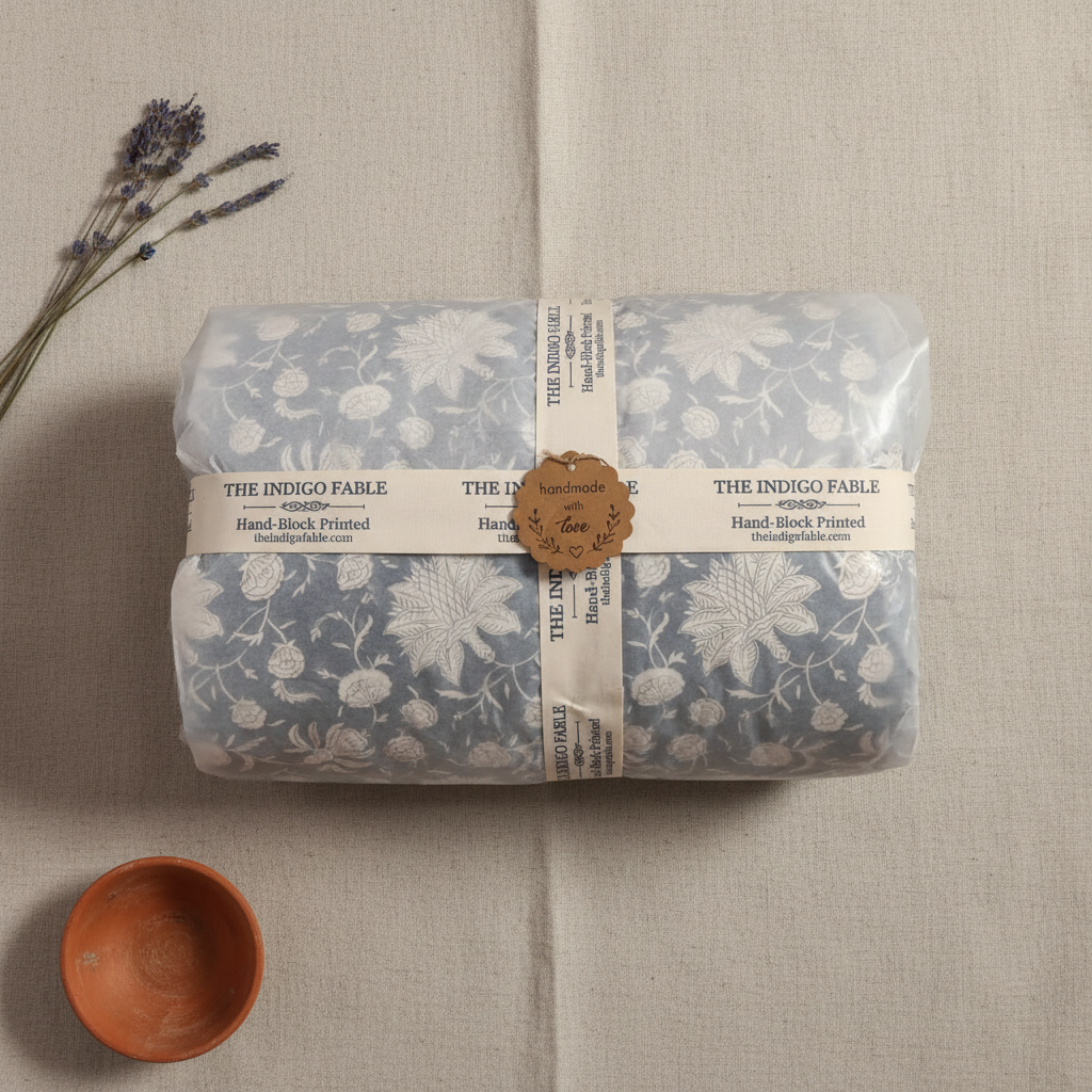 Detail of hand-stitched tagai quilting on leaf motif mul mul cotton quilt