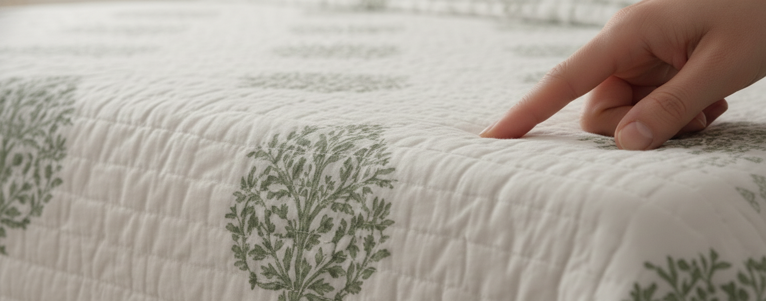 Close-up of green floral buta hand block printed pattern on organic cotton quilt