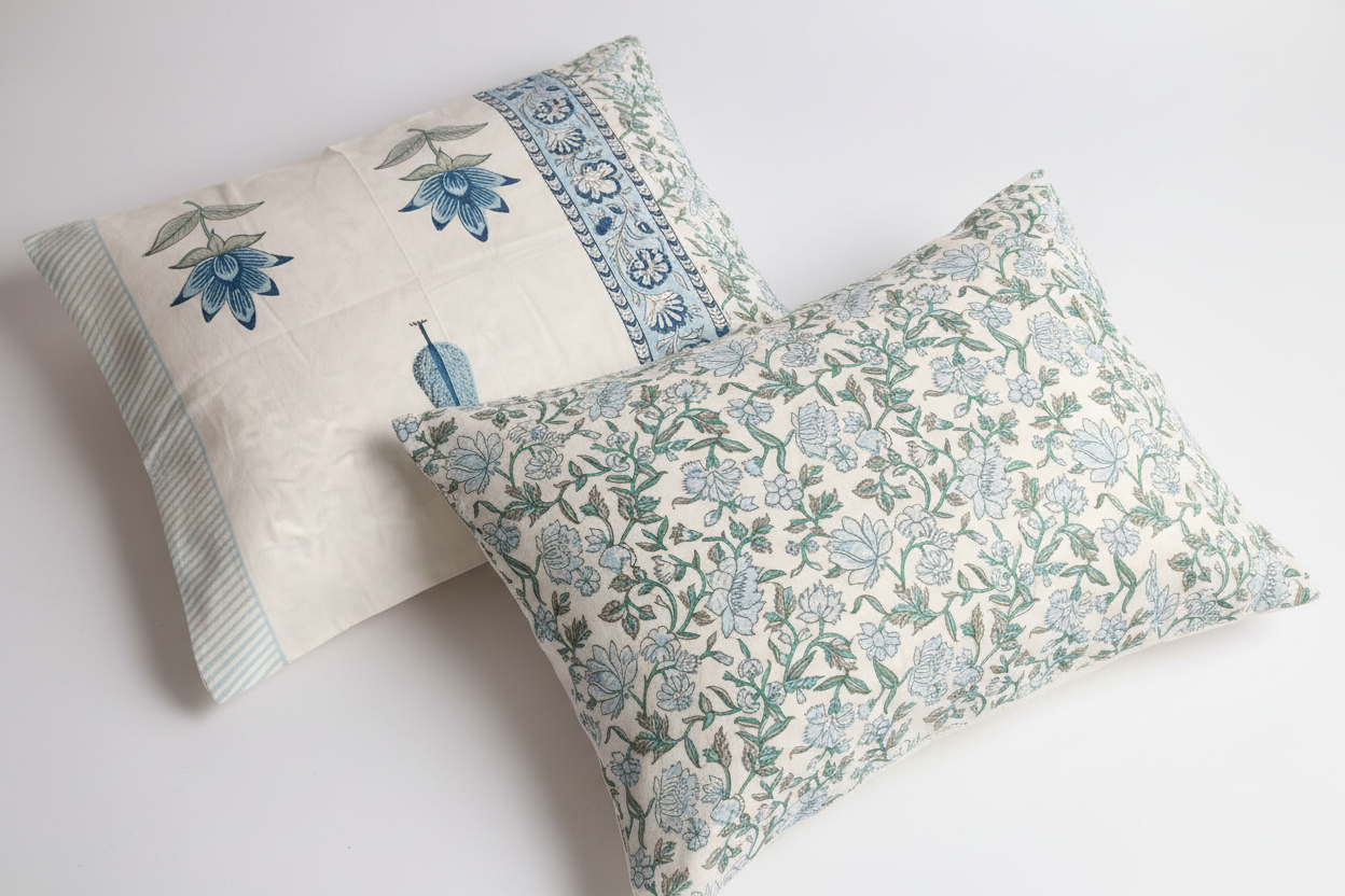 Traditional Hand-Block Printed Bedsheet Set in Azure Blue" (emphasizes heritage craftsmanship)