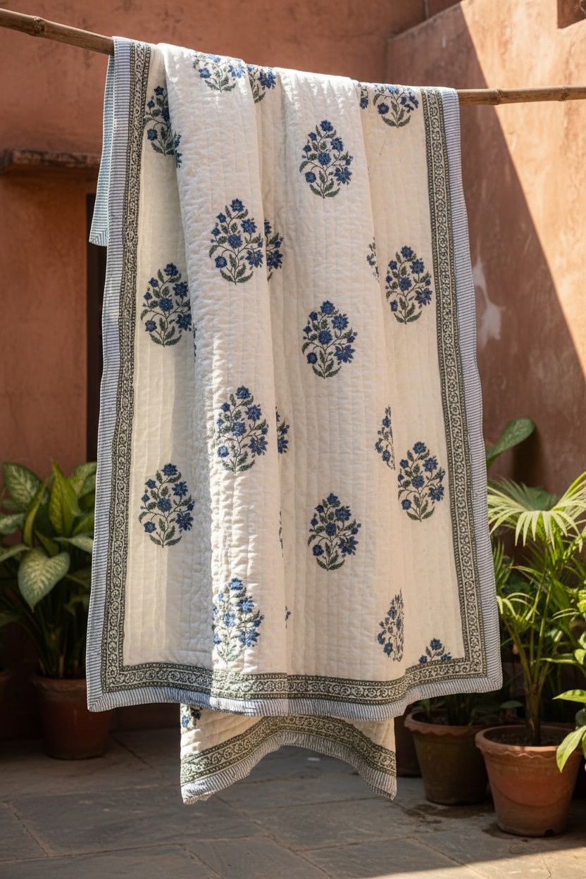 Hanging Jaipuri quilt with natural lighting and wrinkles