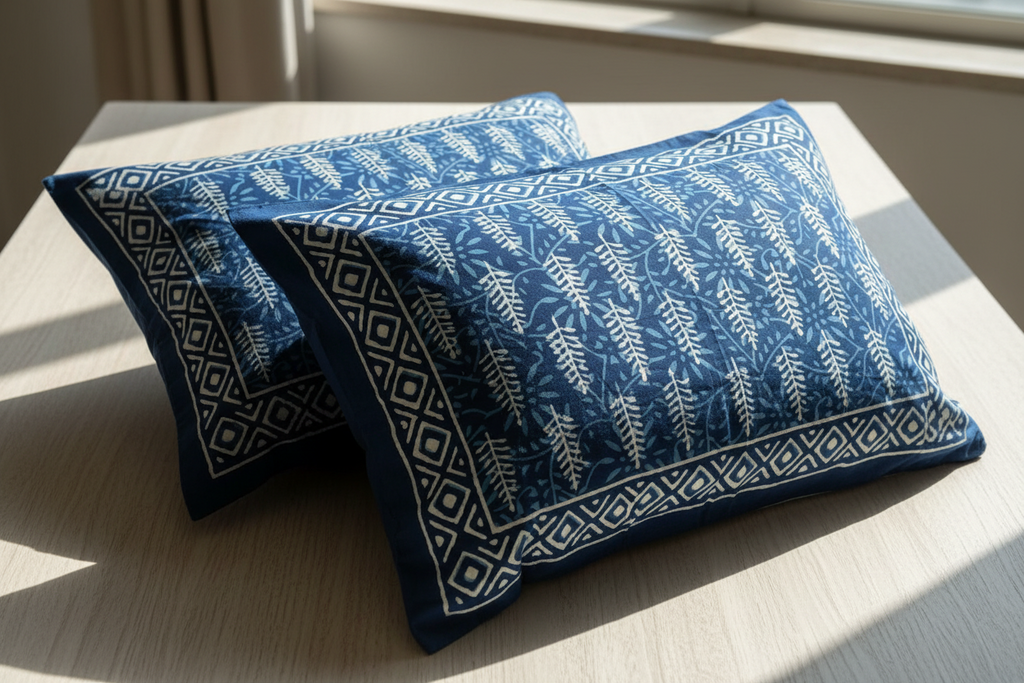 Handmade Reversible Jaipuri Quilt Set - 100% Organic Cotton Razai with Indigo Floral Buta, 2 Pillowcases & Cushion Cover