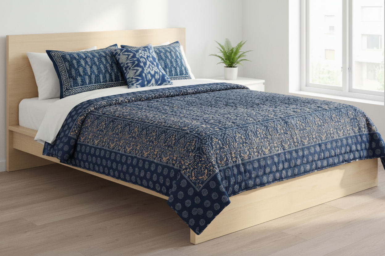 Gilded indigo block print quilt with gold dust accents styled on bed — lifestyle shot
