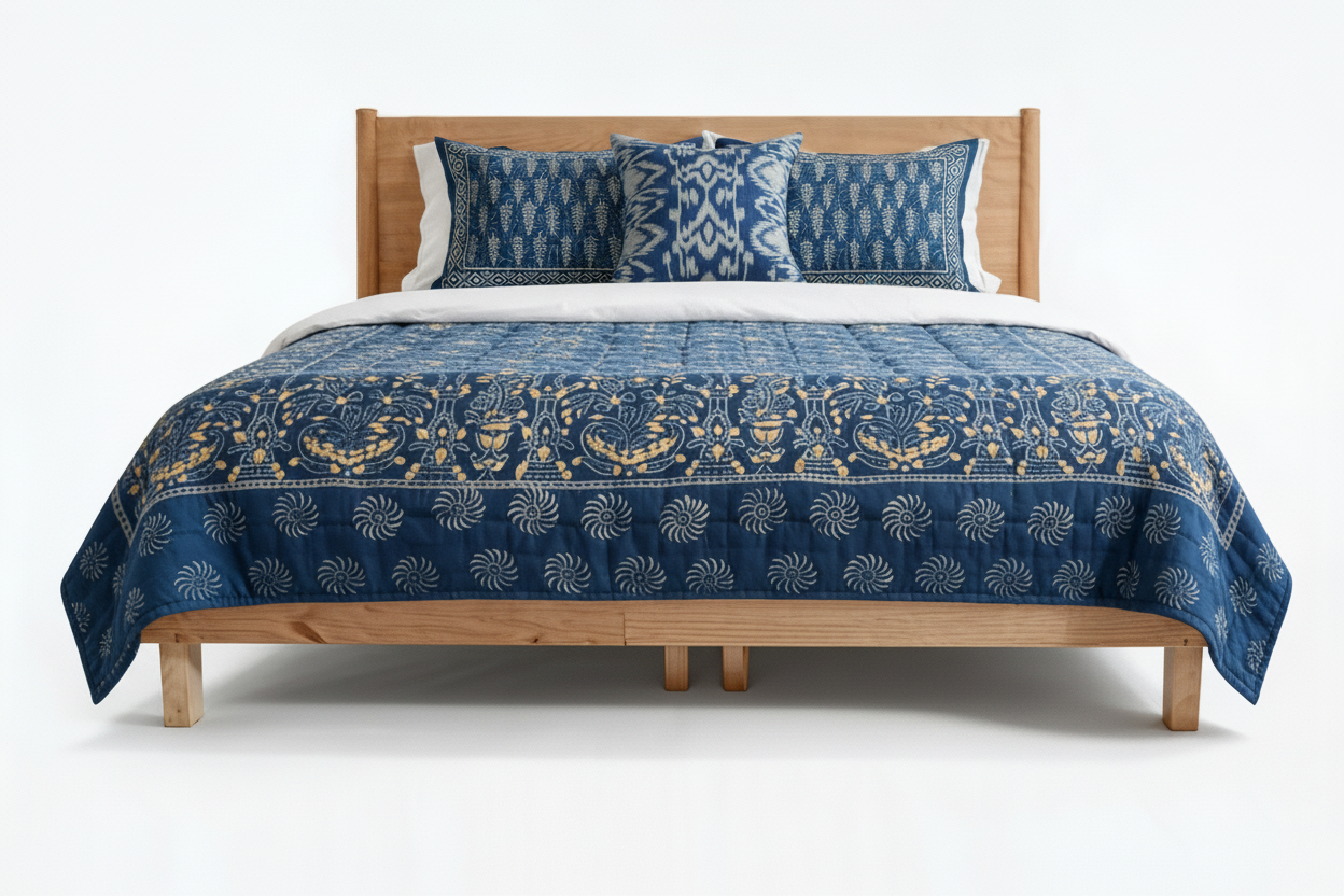 Gilded indigo hand-stitched organic cotton quilt flat lay showing full pattern