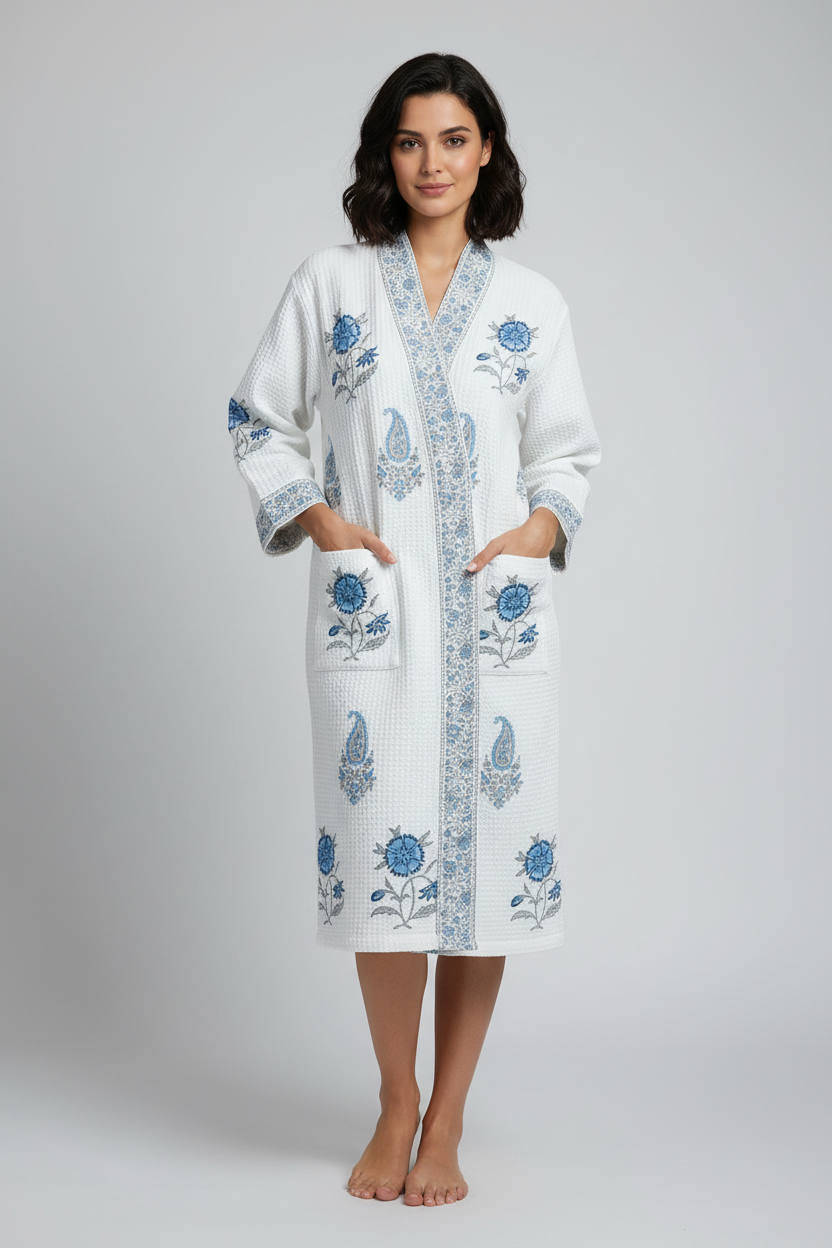 Jaipuri cotton waffle bathrobe in midnight blue showing full robe design
