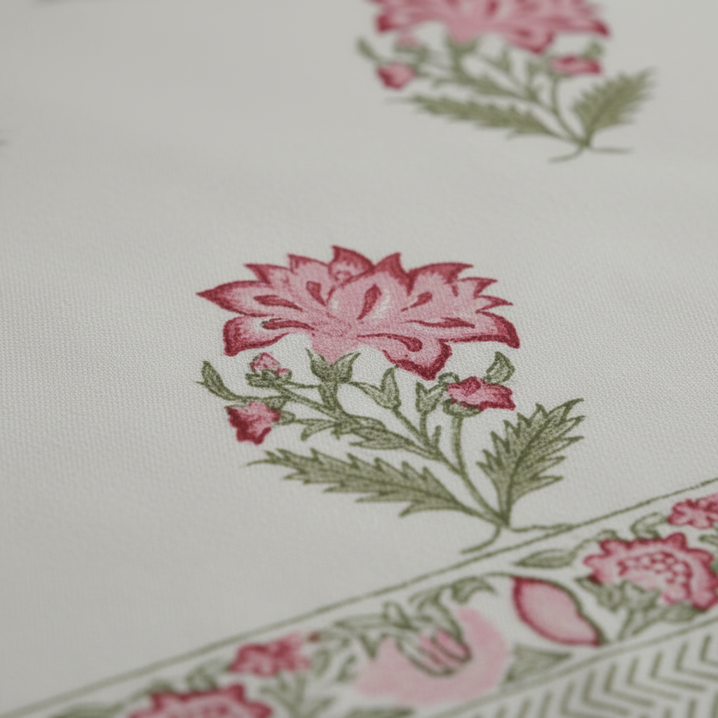 Jaipuri hand-block printed pink floral pattern detail on cotton fabric