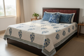 Handmade Reversible Jaipuri Quilt Set - 100% Organic Cotton Razai with Indigo Floral Buta, 2 Pillowcases & Cushion Cover