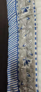 Textile with blue and white floral patterns on a border of gray background