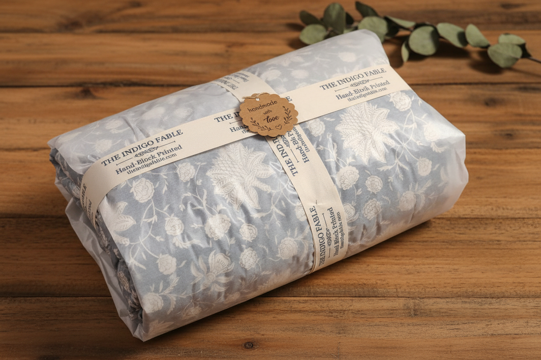 Bed with blue and white floral patterns on a quilt 