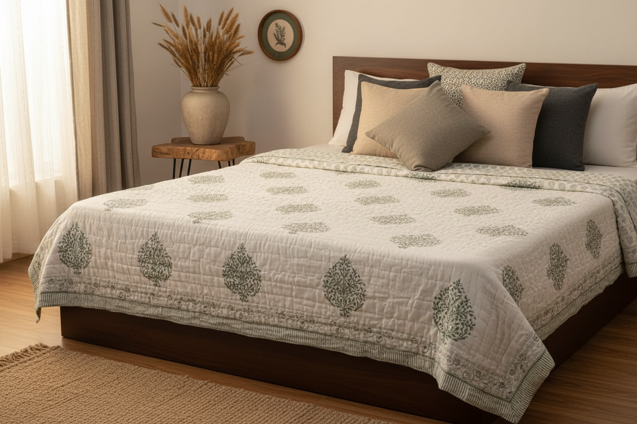 Authentic Jaipuri Cotton Razai – Green Floral Buta Print