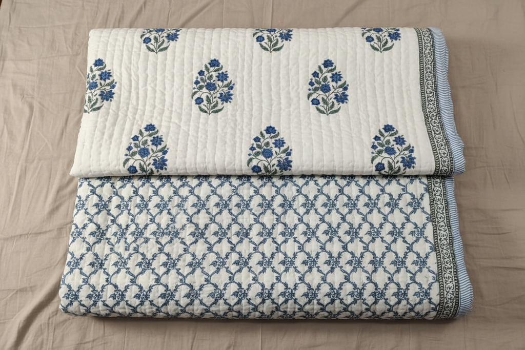 Reversible Jaipuri quilt showing both sides - indigo floral butta and Mughal jaal