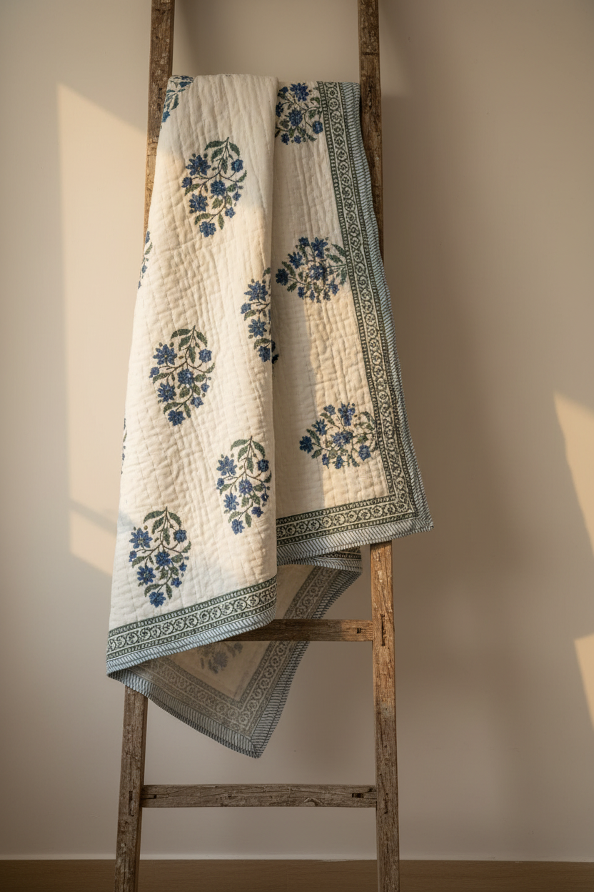 Styled Jaipuri quilt draped on rustic ladder