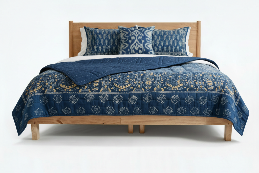 Detail of gilded indigo quilt turned back showing reversible print and cotton fill