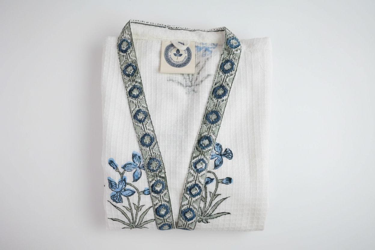 Iris Garden cotton waffle robe top view flat lay showing label and construction